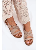 Sandały Damskie Na Płaskim Obcasie Ze Złotymi Ćwiekami Beżowe Zanira