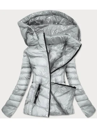 Lesklá strieborná dámska bunda s kapucňou (B9569)