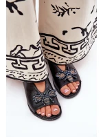 Połyskujące Sandały Damskie Z Ozdobą Płaskie Czarne Russona