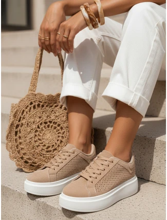 Béžové dámske tenisky na hrubej semišovej podrážke basic FashionStreet ZY1373 Béžové dámske tenisky na hrubej semišovej podrážke basic FashionStreet ZY1373