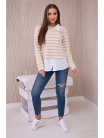 Pruhovaná bavlnená blúzka s golierom svetlo béžová+tmavo béžová