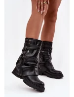 Kozaki Damskie Z Wywiniętą Cholewką Do Połowy Łydki Z Paskiem Czarne Darisa