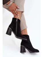 Zamszowe Botki Damskie Na Słupku Z Tłoczeniem Ocieplane Vinceza 66801 Czarne