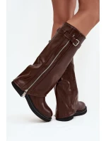 Kozaki Damskie Z Wywiniętą Cholewką Klamrą I Srebrnym Zamkiem Ocieplane Brązowe Bressa
