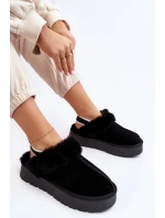 Skórzane Zamszowe Kapcie Damskie Na Platformie Z Futerkiem Czarne Sophienne