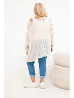 Dámsky sveter oversized so vzorom, výstrihom do V a predĺženým zadným dielom, béžový Dámsky sveter oversized so vzorom, výstrihom do V a predĺženým zadným dielom, béžový