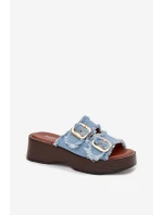 Dámské pantofle na platformě se zlatými sponami modré Renelisse