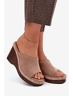 Dámské sandály na platformě z umělé semiše zlaté přezky tmavě béžové Norvia