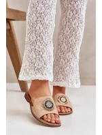 Skórzane Klapki Z Ozdobą Na Płaskim Obcasie Lewski 3047/O Beżowe