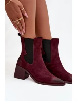 Skórzane Zamszowe Botki Damskie Na Słupku Ocieplane Artiker 57C0048 Bordowe