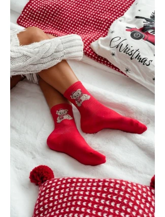 Dámské Vánoční Ponožky Medvídek v Čepici Santa Červené