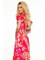 LIDIA - Ružové kvetované dlhé dámske šaty s výstrihom a volánikmi 310-4