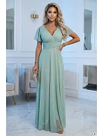 635-8 MELANIA Dlhé trblietavé šaty s výstrihom a krátkymi rukávmi - pistáciová 635-8 MELANIA Dlhé trblietavé šaty s výstrihom a krátkymi rukávmi - pistáciová
