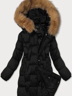 Čierna dámska zimná bunda s ozdobnou kožušinou na kapucni Libland (LD-7789)