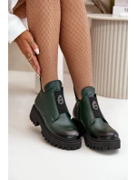 Zazoo 60451 Damskie Skórzane Botki Z Ozdobą Ciemnozielone