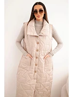 Dámska dlhá prešívaná vesta s vreckami a stojacím golierom tmavo béžová