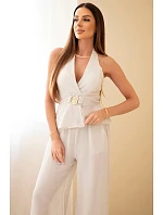 Dámsky viskózový komplet s uzlíkovým topom a širokými nohavicami béžovej farby Dámsky viskózový komplet s uzlíkovým topom a širokými nohavicami béžovej farby