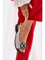 Płaskie Sandały Z Ozdobą Eko Skórzane Srebrne Lilria