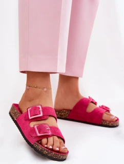 Klapki Damskie Z Klamrami Na Korkowej Podeszwie Fuksja Sercele