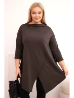 Dámske Plus veľkosť bavlnená blúzka asymetrické s valcované rukávy Brown