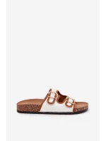 Materiałowe Klapki Damskie Na Korkowej Platformie Z Klamrami Białe Osoffe