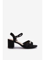 Sandały Damskie Eko Zamszowe Na Słupku Z Ozdobami Czarne Narhi