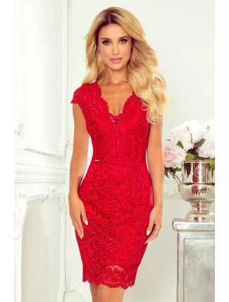 Červené krajkové dámske šaty s krátkymi rukávmi a dekoltom 316-1
