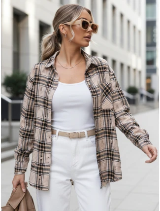 Dámska kockovaná košeľa s odreninami béžová FashionStreet DY0485