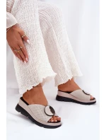 Skórzane Klapki Damskie Z Ozdobą S.Barski LR51-662 Beżowe