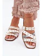 Zdobione Klapki Damskie Na Płaskim Obcasie Z Paskami I Klamrą Białe Manitte