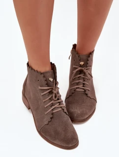 Zazoo 2964 Zamszowe Botki Na Płaskim Obcasie Ciemnobeżowe