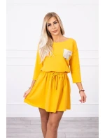 Horčicové flitrové šaty s vreckami