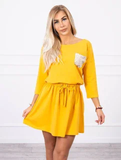 Horčicové flitrové šaty s vreckami