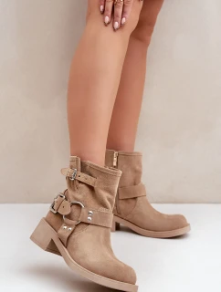 Zamszowe Botki Damskie Na Niskim Obcasie Klocku Z Paskami Zazoo 3644 Beżowe