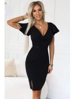 479-9 NINA elegantné šaty s obálkovým výstrihom, rukávmi a opaskom - ČIERNE