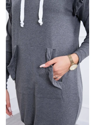 Šaty s ozdobnými volánikmi a kapucňou v grafitovej farbe