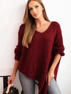Dámsky asymetrický vlnený sveter s výstrihom do V bordovej farby
