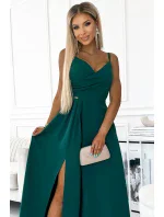 299-11 CHIARA elegantné dlhé maxi šaty bez ramienok - ZELENÉ