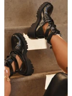 Lakierowane Botki Damskie Z Paskami I Srebrnymi Klamrami Czarne Helisse