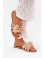 Klapki Damskie Na Płaskim Obcasie Z Tiulową Kokardą Złote Tanira