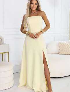 663-3 ELARA korzetové maxi šaty s rozparkom a zaväzovaním na chrbte - maslovo žlté