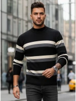 Pánsky pruhovaný sveter s polovičným rolákom čierny FashionStreet WX2127 Pánsky pruhovaný sveter s polovičným rolákom čierny FashionStreet WX2127