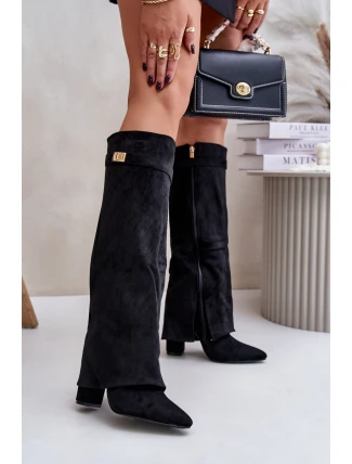 Kozaki Na Słupku Z Wywiniętą Cholewką Ocieplane Czarne Urelli