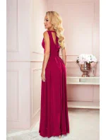 JUSTINE - Dlhé dámske šaty v bordovej farbe s výstrihom a zaväzovaním 362-5