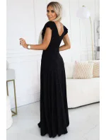 411-12 CRYSTAL lesklé dlhé šaty s výstrihom - BLACK