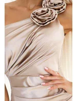 580-1 AURORA dlhé saténové šaty na jedno rameno s ružami - BEACH