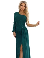 658-2 Trblietavé maxi šaty na jedno rameno s asymetrickými rukávmi a rozparkom - fľaškovo zelené