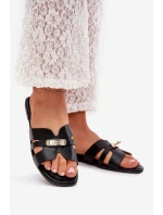 Płaskie Klapki Damskie Z Paseczkiem I Złotym Detalem Czarne Kerenza