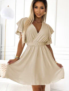 586-1 Dámske šaty s obálkovým výstrihom, rukávmi a opaskom - béžové