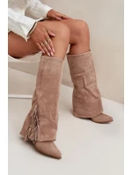 Wsuwane Kozaki Kowbojki Damskie Na Słupku Z Frędzlami Beżowe Zalia